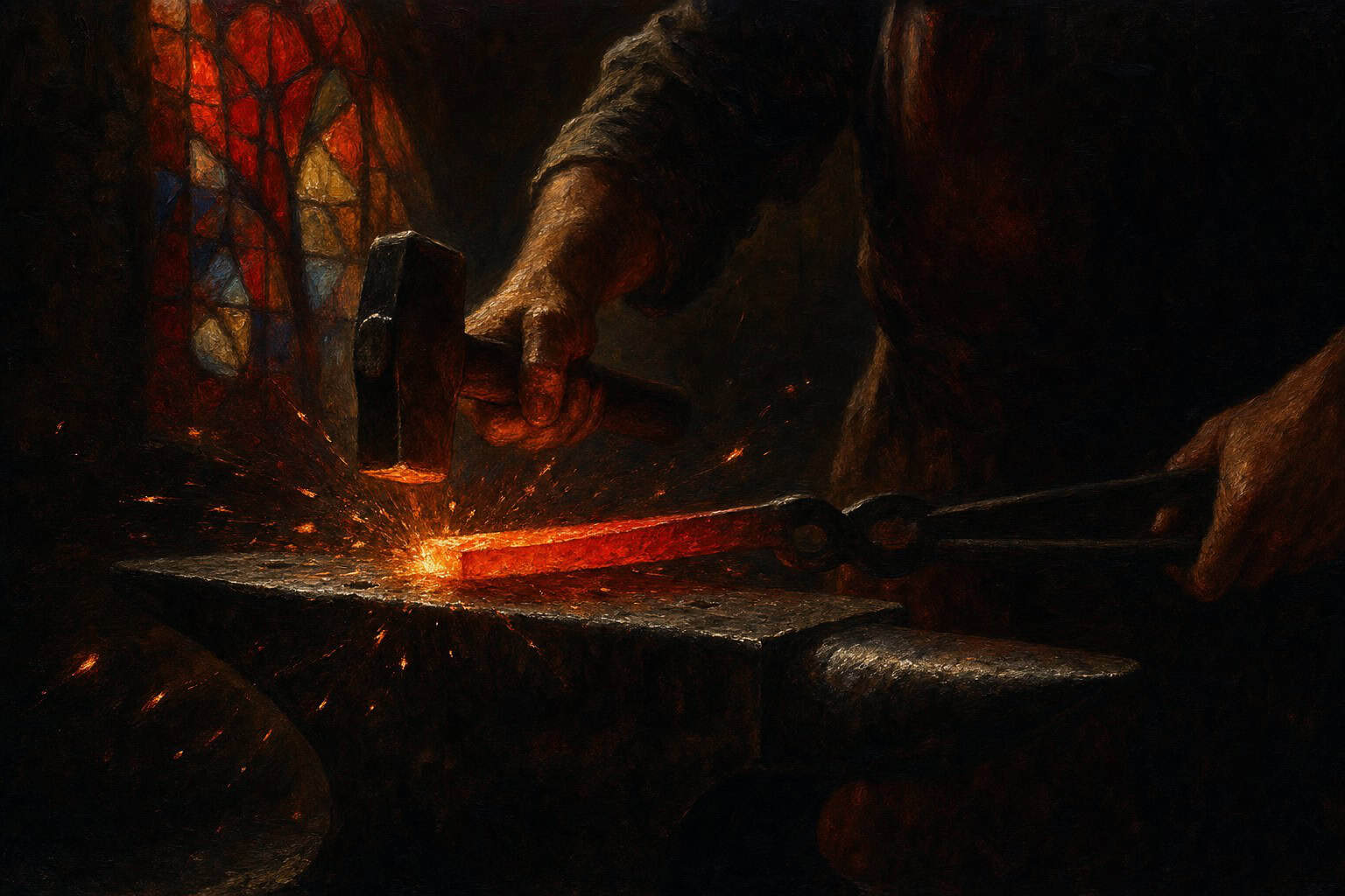 a length of glowing steel gripped in tongs, struck on an anvil as sparks scatter into the dark — Confessions to the Empty Chair by Anthony Adore