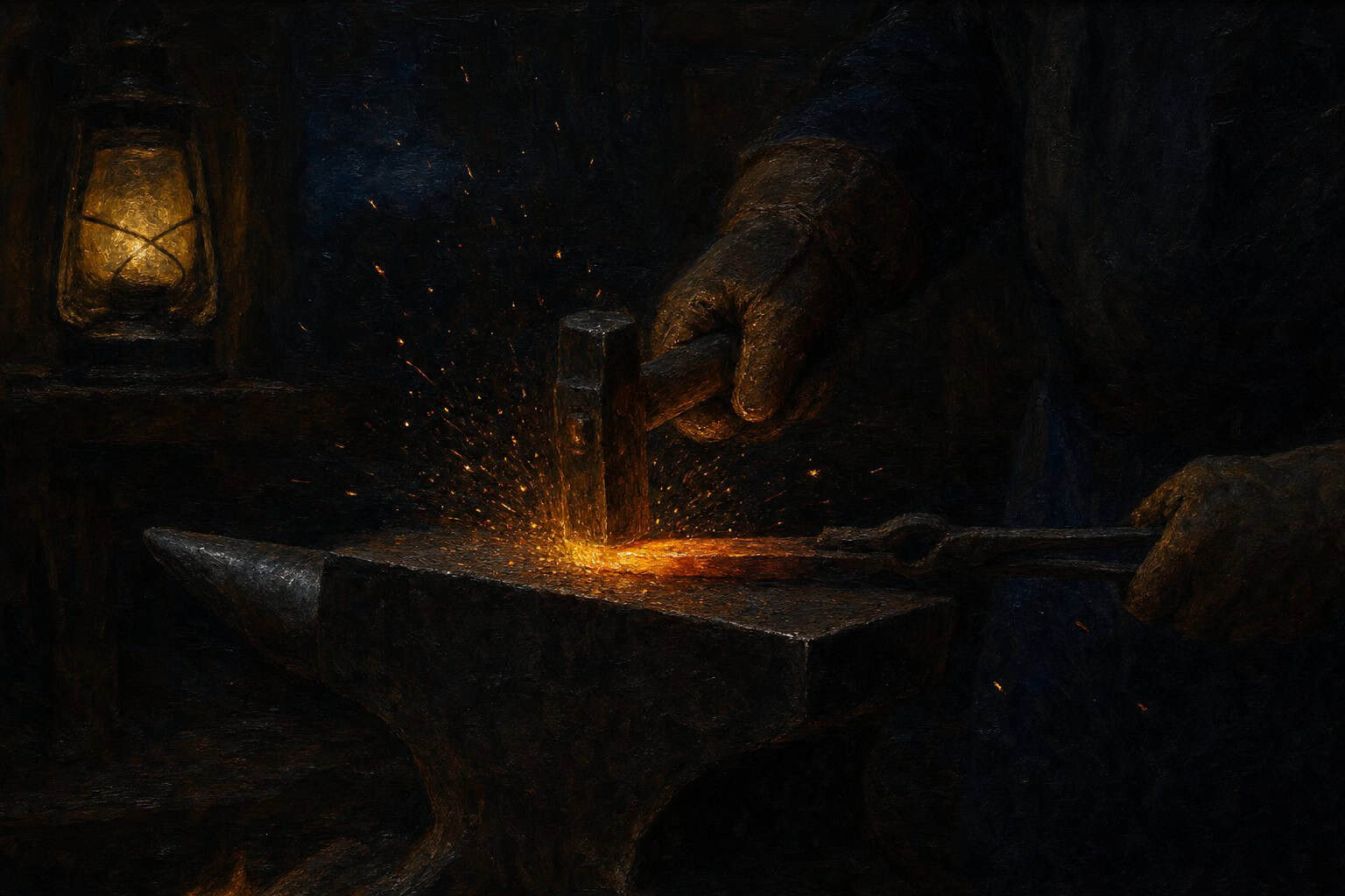 glowing metal on an anvil, sparks rising in darkness — Confessions to the Empty Chair by Anthony Adore
