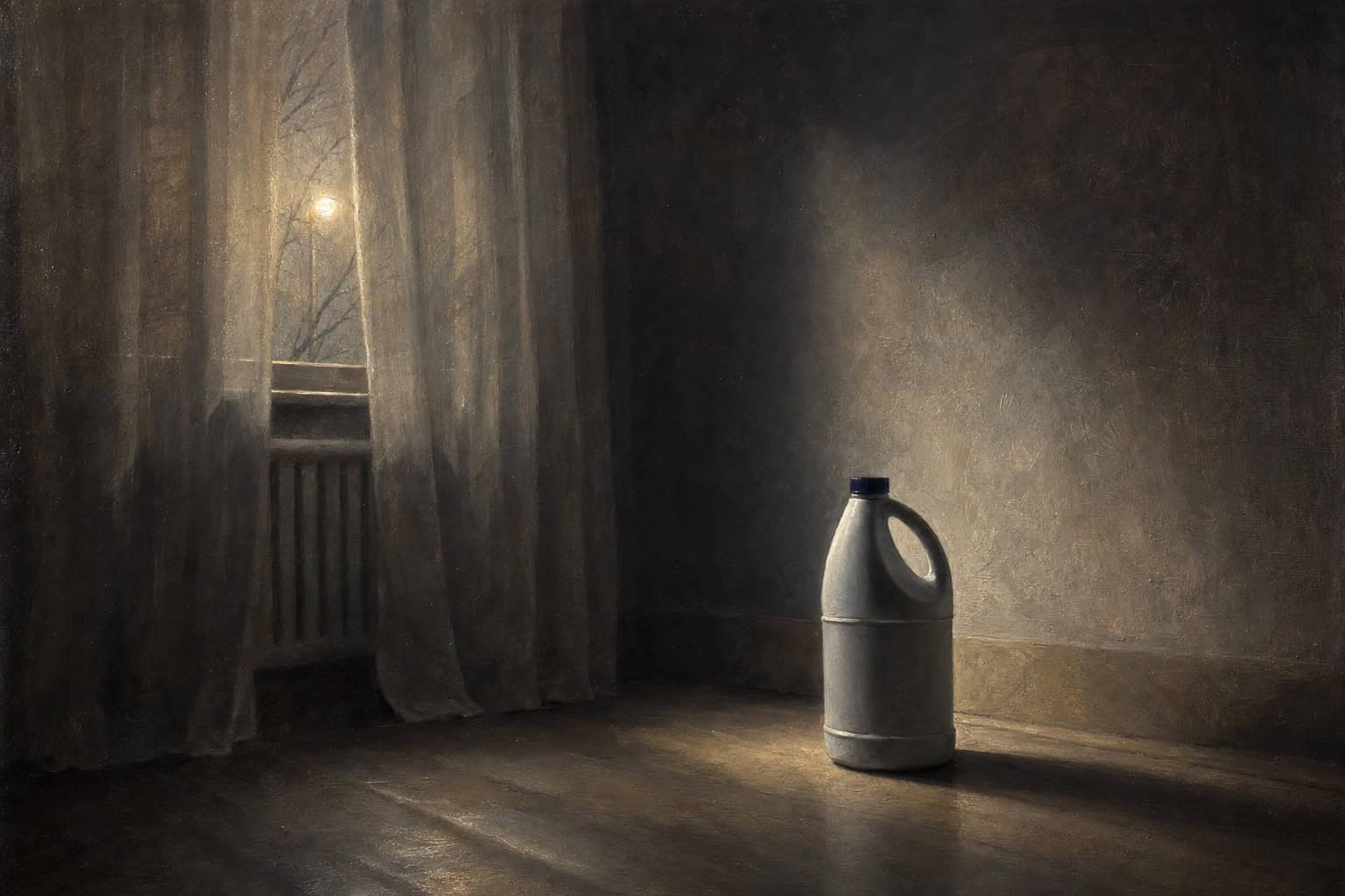 A clay jug stands in a dim room, illuminated by warm light from a window, with a candle flickering nearby.