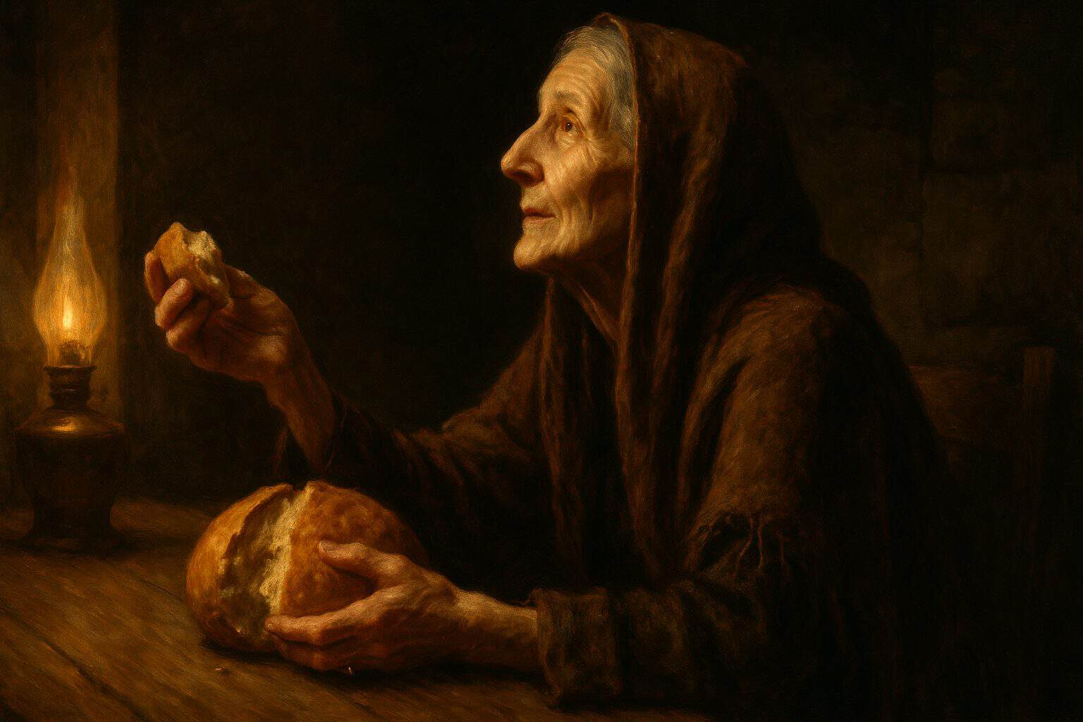 An old widow tenderly breaking and offering bread at a dim table, her face reverent and giving