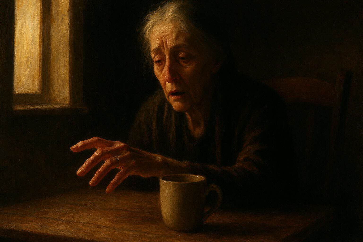 Elderly widow's trembling hand reaches for the empty mug on her late husband's side of the table at dawn
