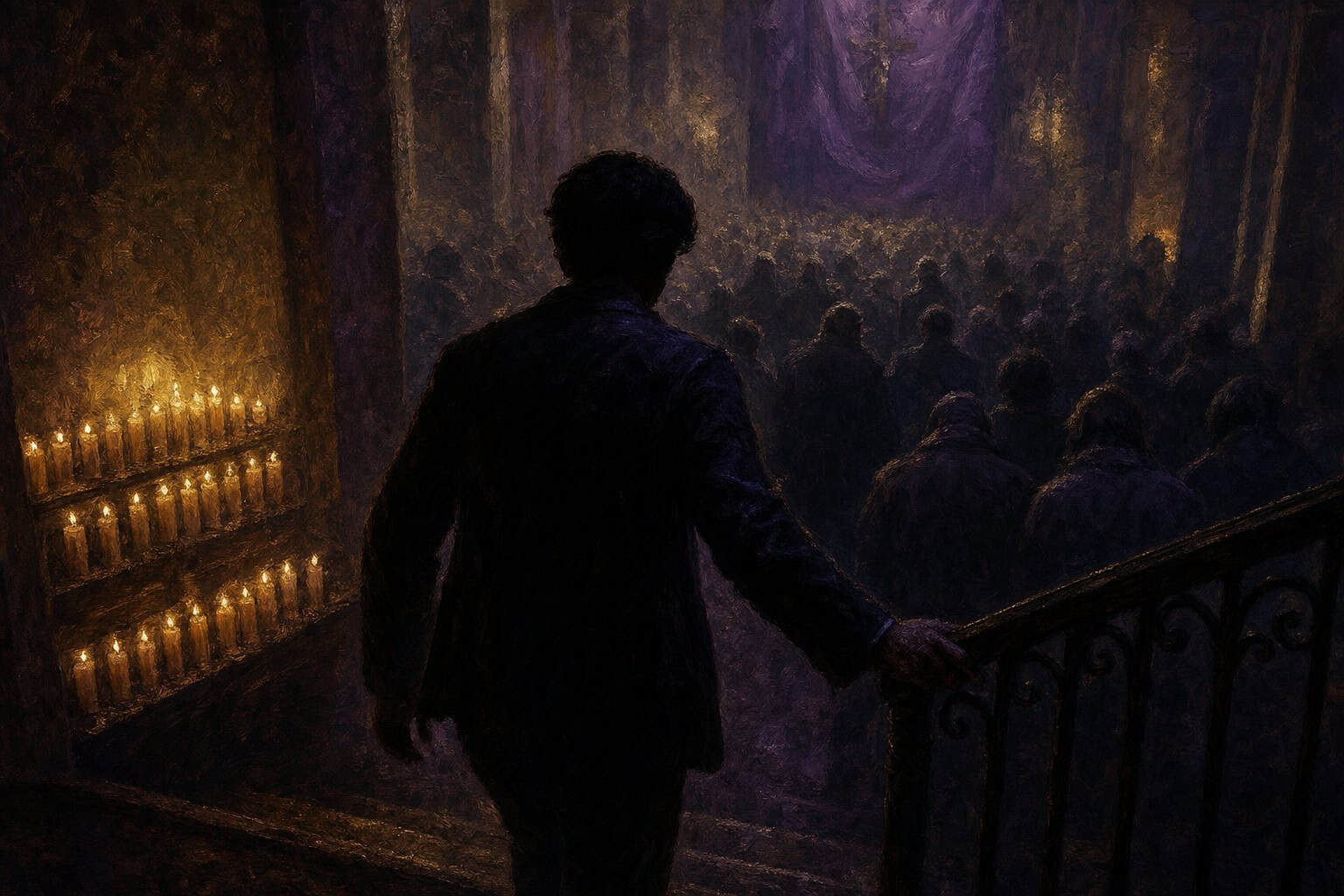 A young man stands at the entrance, gazing towards a group seated around a table, dimly lit by a hanging lamp.