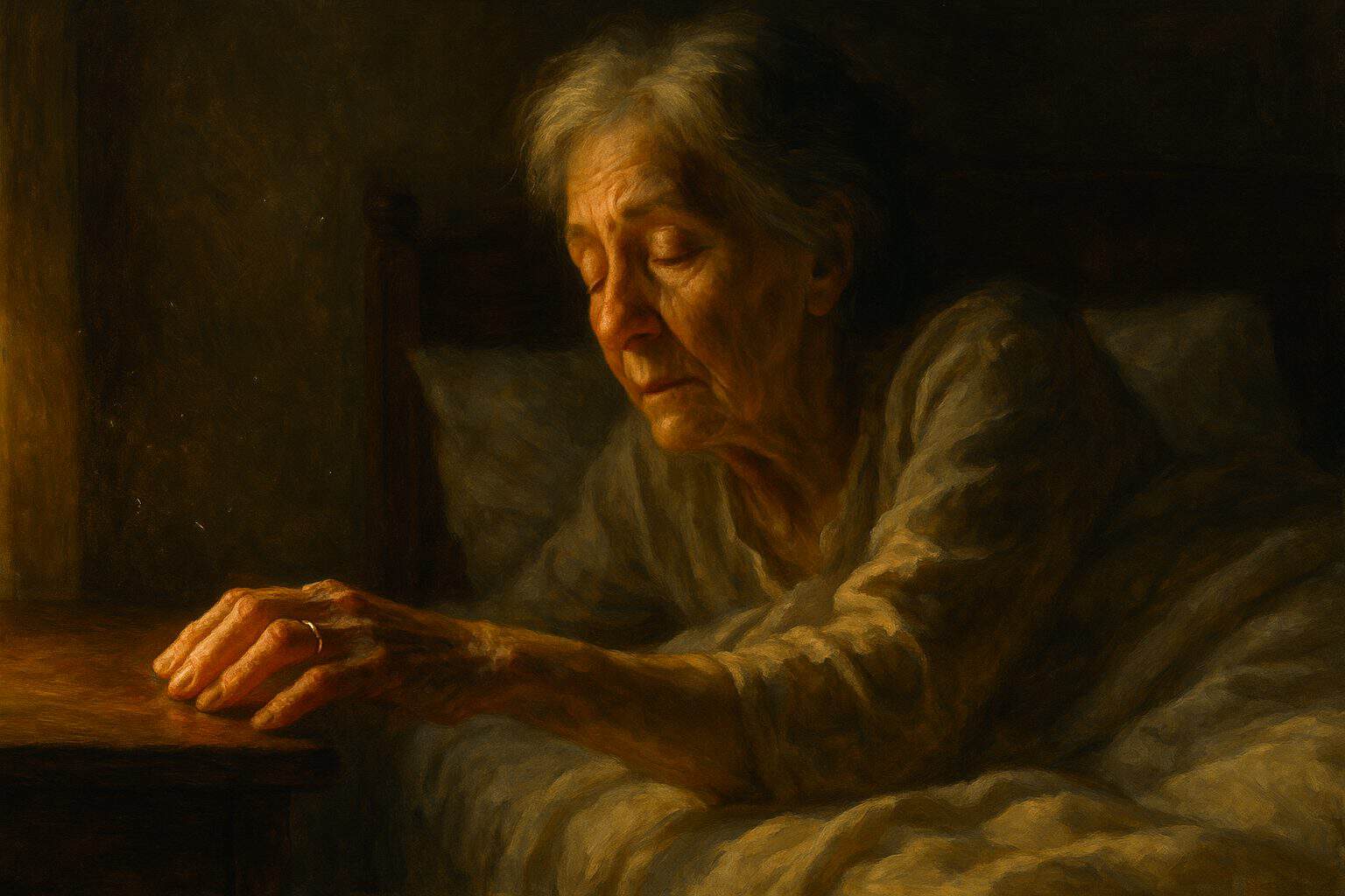 Elderly woman waking at dawn, hand reaching toward a bedside table, face tender between sleep and waking