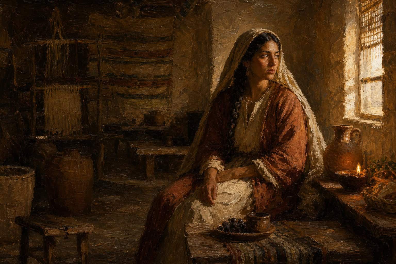 A dim room with a drawn shade, one figure present in body and turned away in spirit