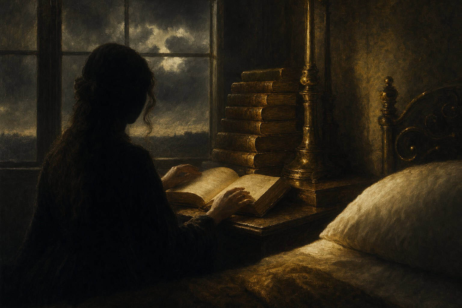 woman's hands hovering over an open book on a bedside table, a tall stack of volumes beside an untouched — Fractions of the Soul by Anthony Adore