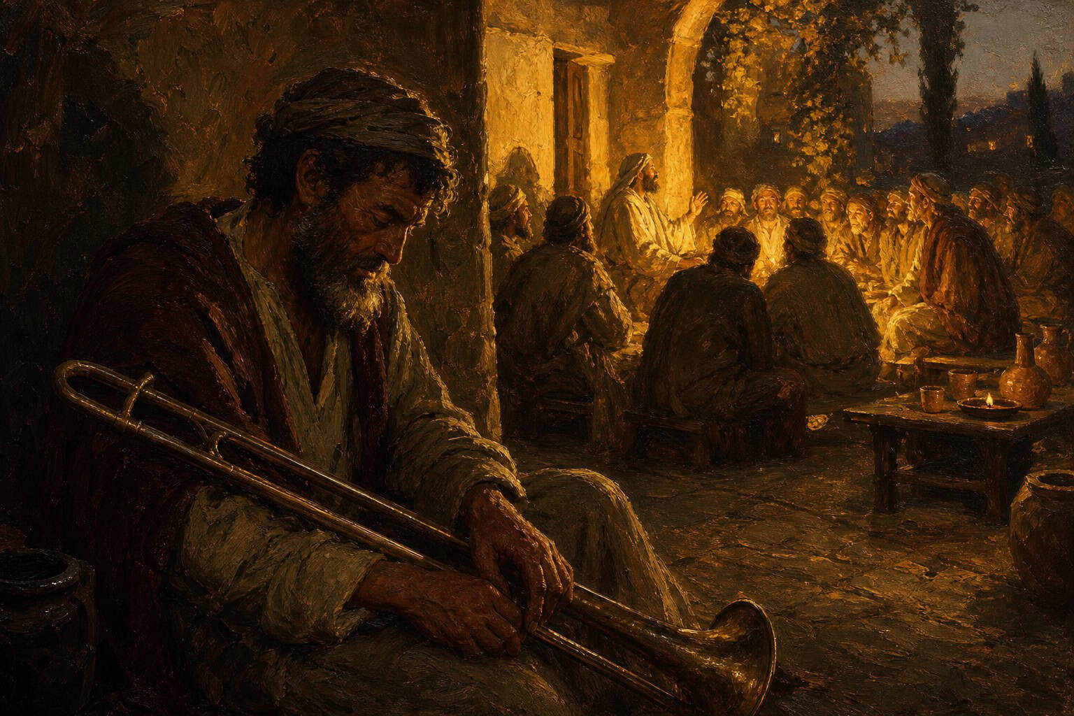 A solitary boy at the far edge of a crowded house of study a communal courtyard, head down, eyes on the floor