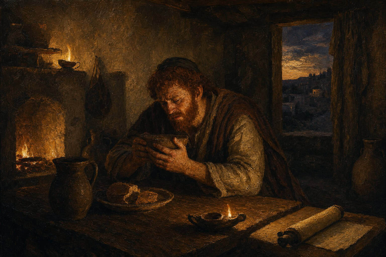 A person alone at a small table in evening light, both hands around a bowl going dim