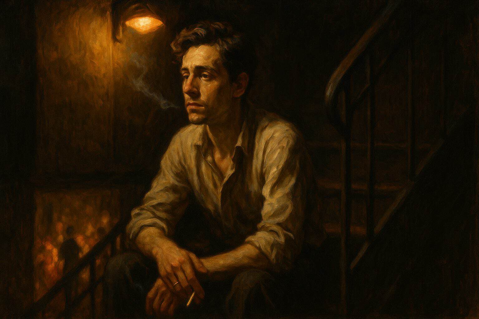 A solitary young man on a night stairwell, cigarette smoke rising, watching a distant party with lucid exile