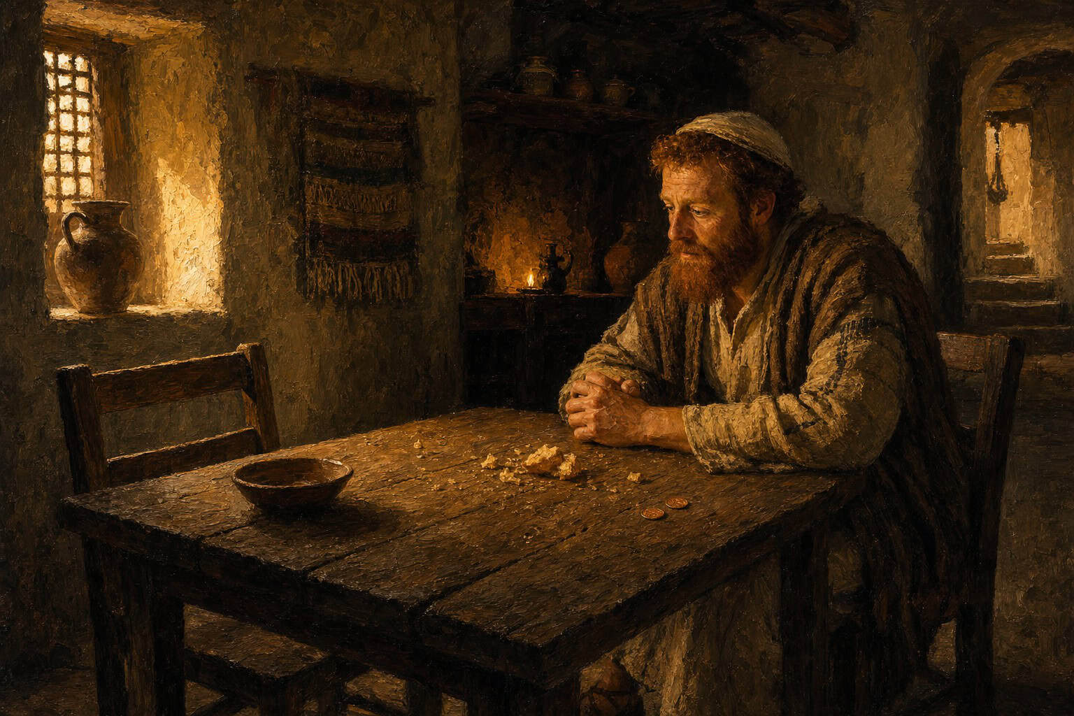 A small wooden table with scattered breadcrumbs and two copper coins in dim window light