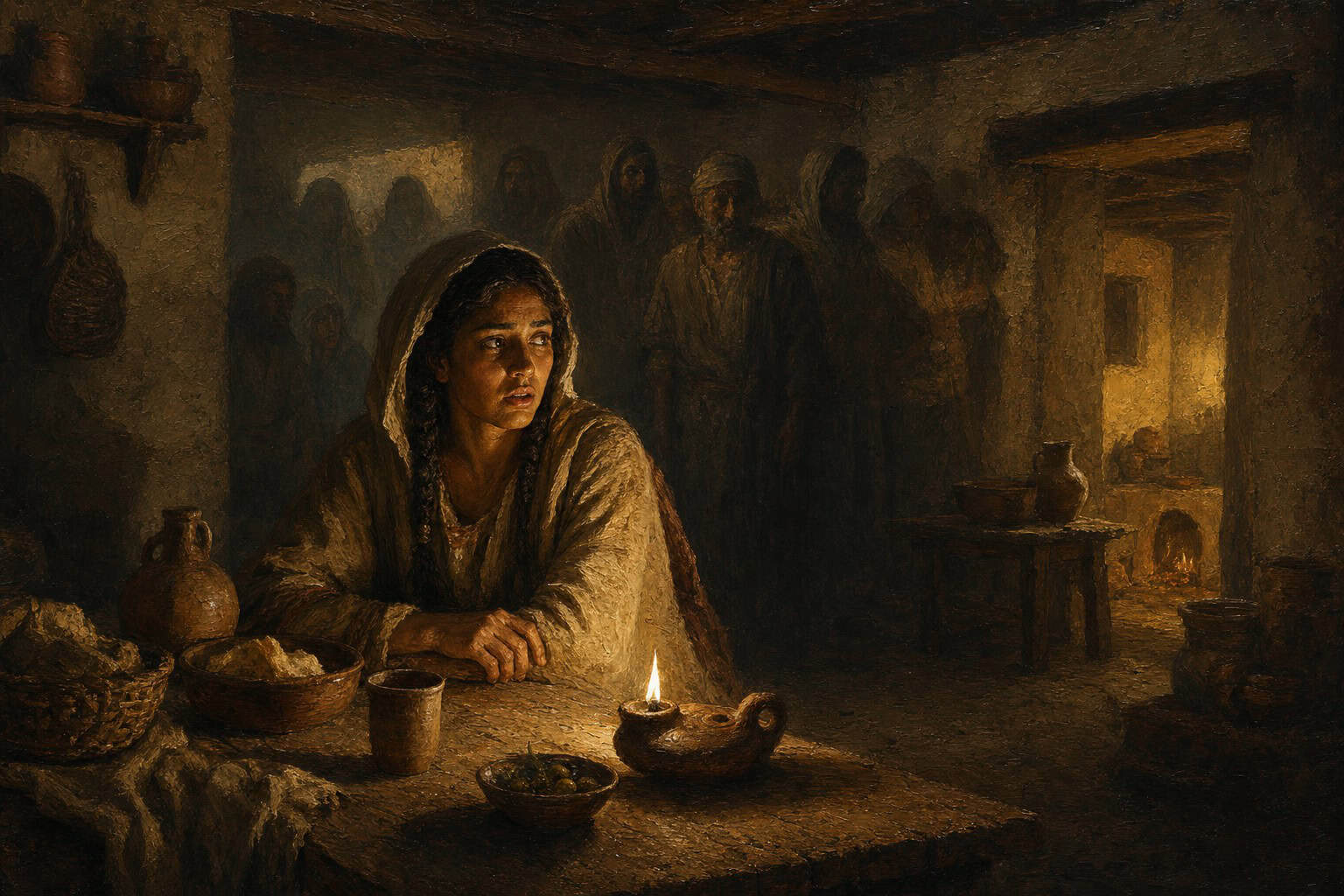 A lone figure at a dim kitchen table, mouth slightly parted, faint translucent silhouettes crowding the shadows behind them