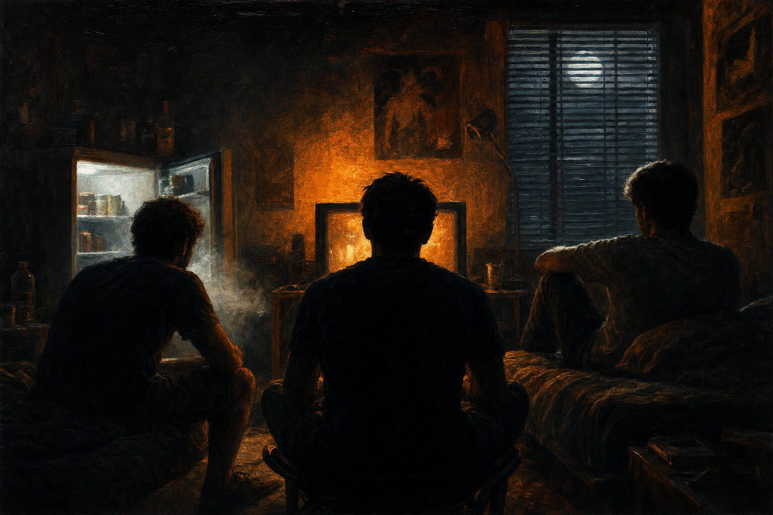three young men haloed by television light, a mini-fridge door open, cold air spilling into a cramped dorm — Confessions to the Empty Chair by Anthony Adore