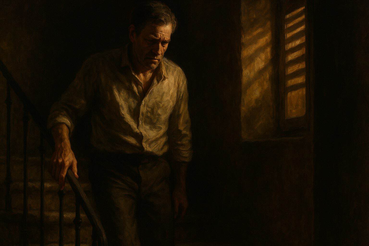 A limping man gripping a stone stair rail at dawn, resolute amid grief in raking light
