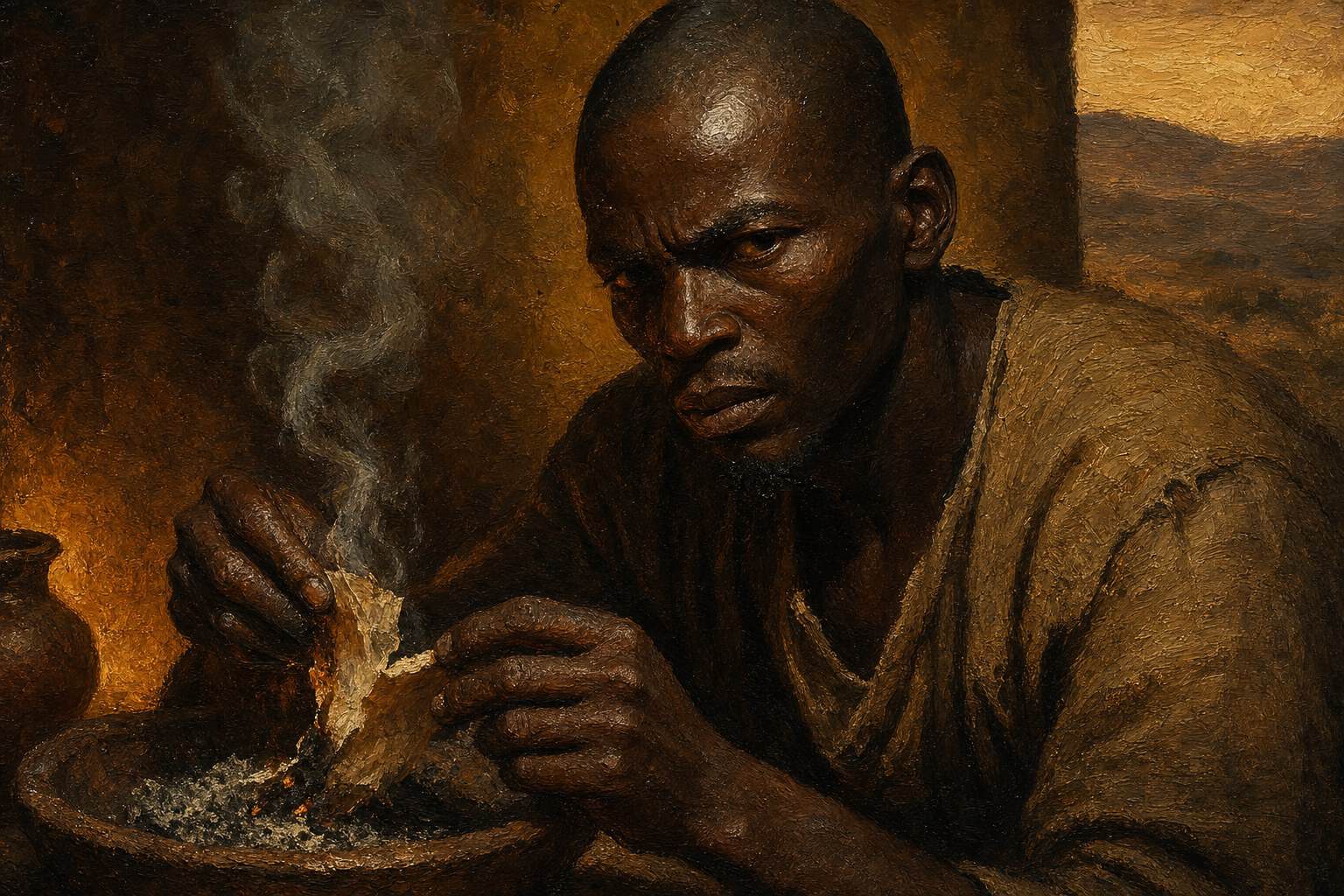 A pair of hands over a fireplace or basin at dawn, thin gray smoke rising from curling paper, ash on the fingertips
