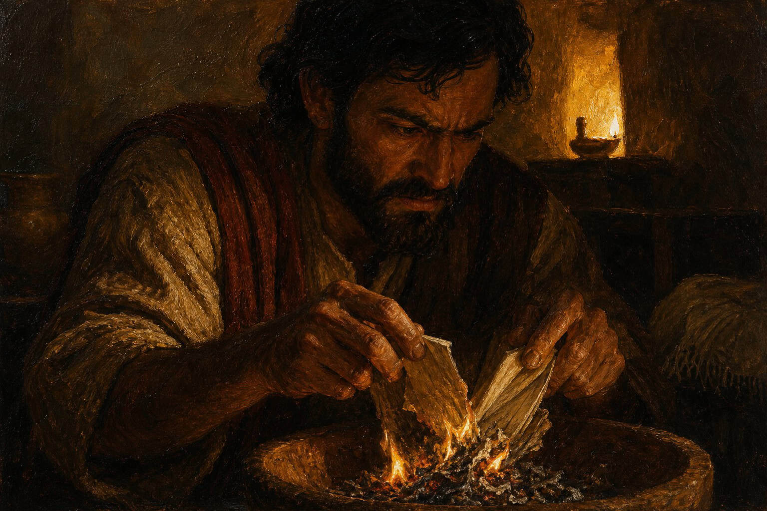 A pair of hands over a small fire in a dim room, folded pages curling to bright ash, faint warm light behind the figure