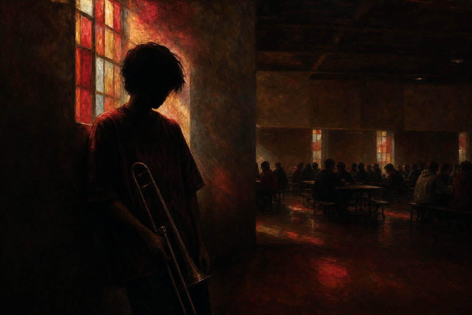 A young man holds a lyre, standing by a stained glass window, while three older men sit in shadow, observing him.