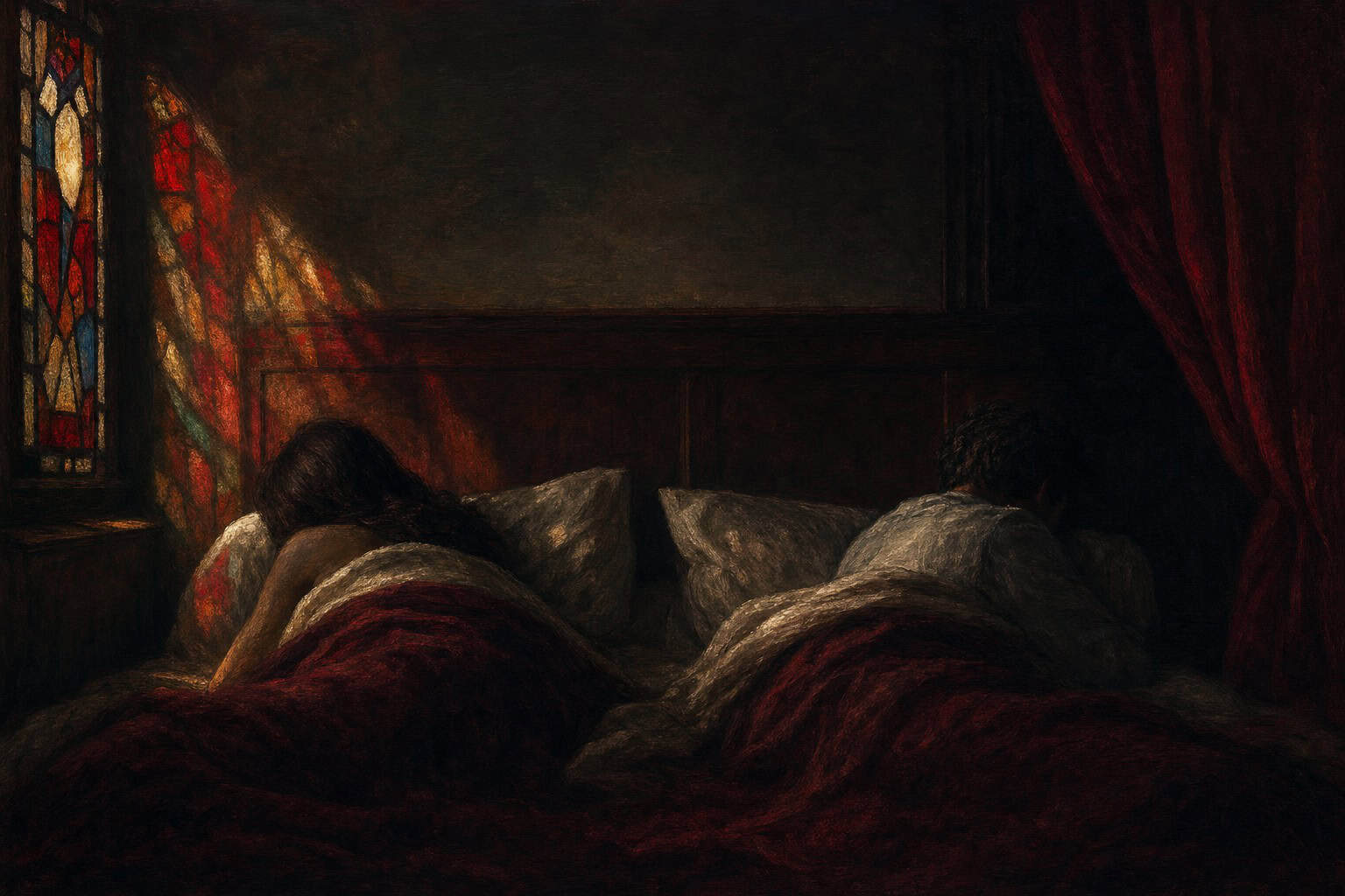 Two figures in the same bed facing opposite walls in darkness — Confessions to the Empty Chair by Anthony Adore