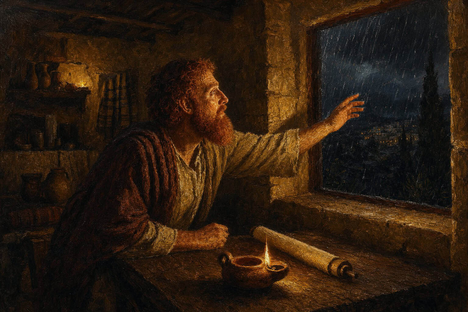 A man alone at a rain-streaked window at night, a single lamp burning, a scroll dark on the table beside him