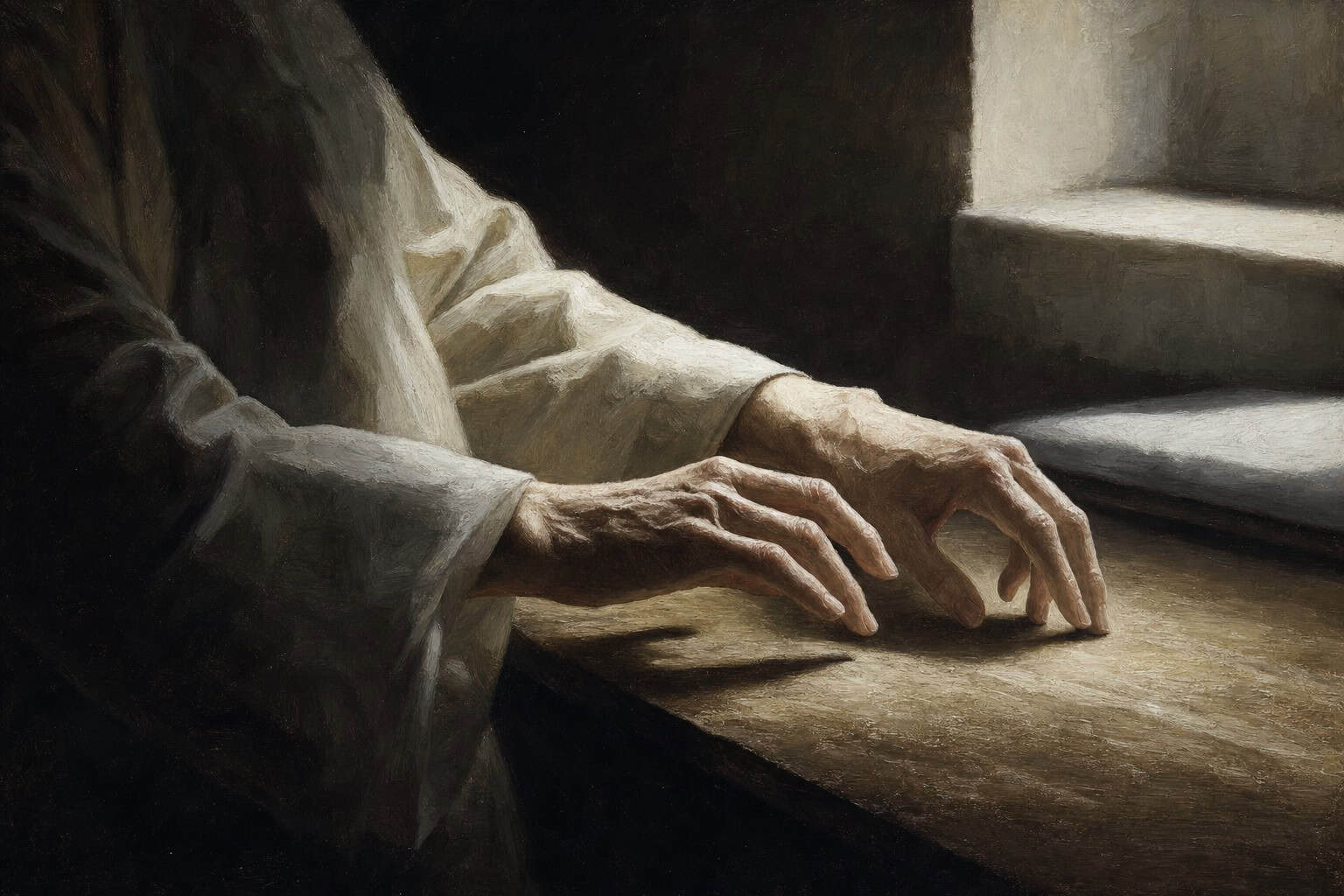hands resting on a wooden table, feeling for a faint tremor no one else notices — Confessions to the Empty Chair by Anthony Adore
