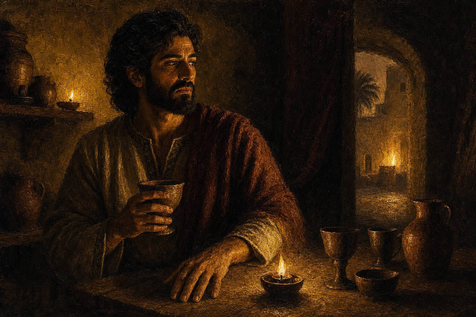 A solitary figure standing in dim colored light amid empty glasses, half-turned toward a small distant flame