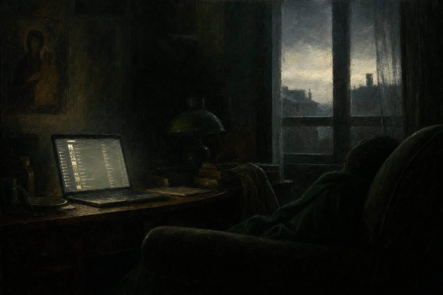 a dim room lit only by a laptop screen, a long playlist of tracks glowing in the dark — Confessions to the Empty Chair by Anthony Adore