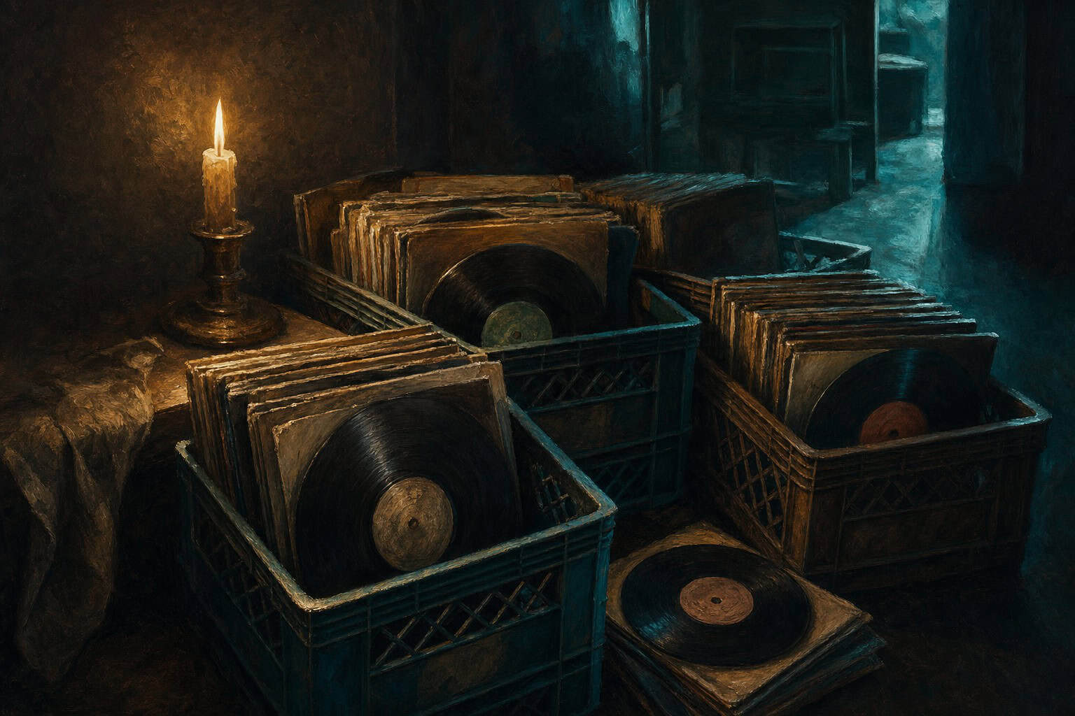 worn vinyl records in milk crates, labels faded but still readable — Confessions to the Empty Chair by Anthony Adore