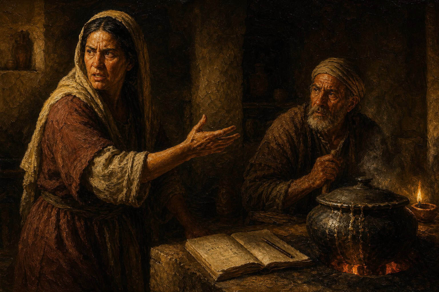 A lidded iron pot boiled over on a low fire in a dim kitchen, a wet ring on the stove at the seam
