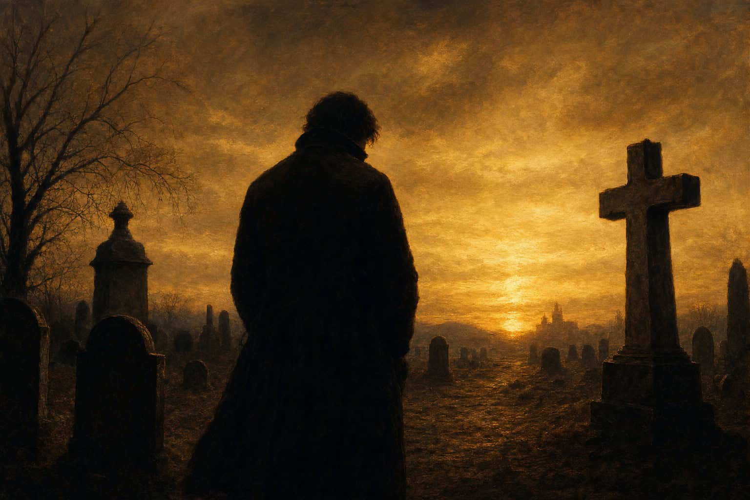 figure standing between gravestones and dawn light — Confessions to the Empty Chair by Anthony Adore