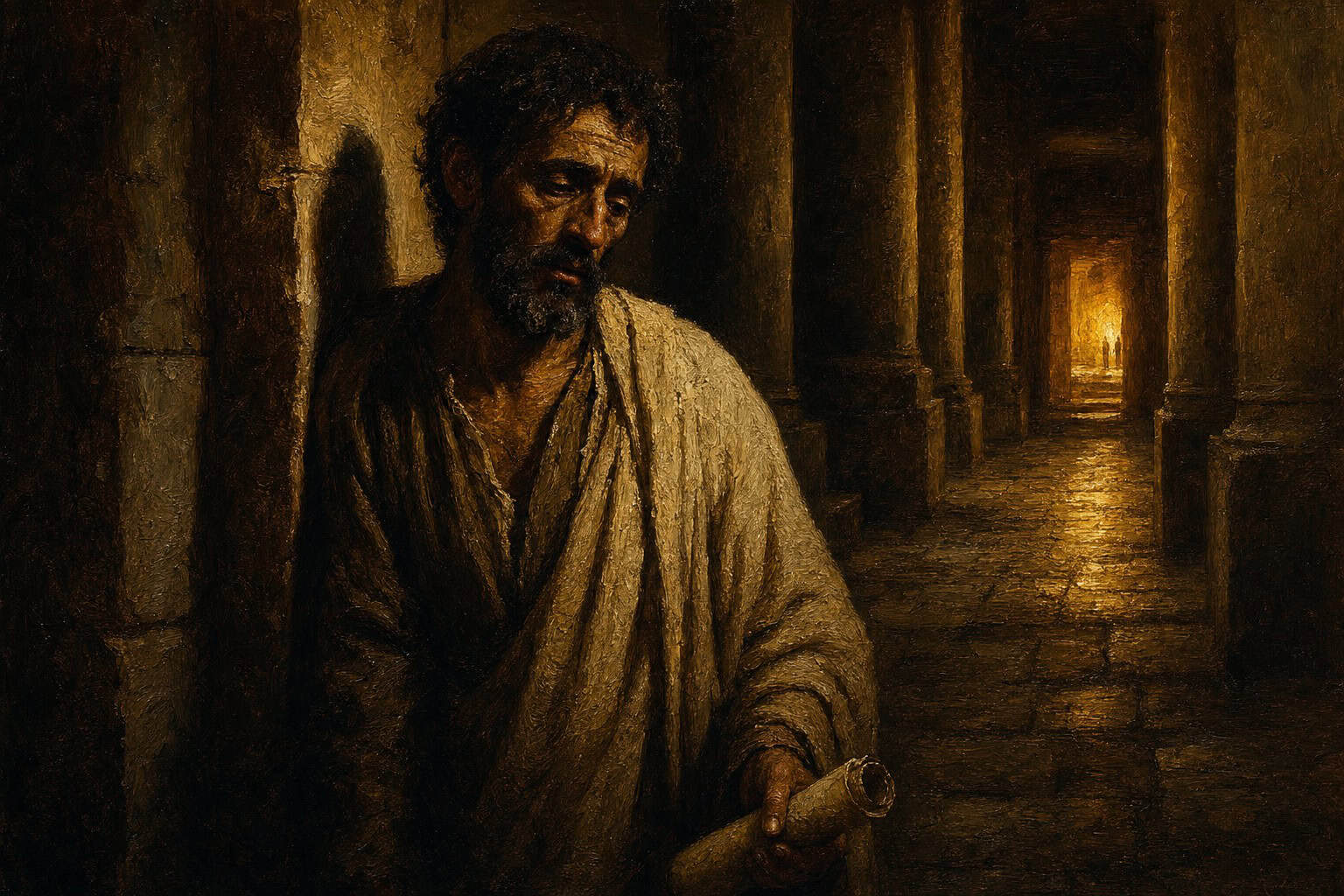 A solitary figure pausing in a long dim stone colonnade, one distant doorway glowing warm, a scroll dark in a lowered hand