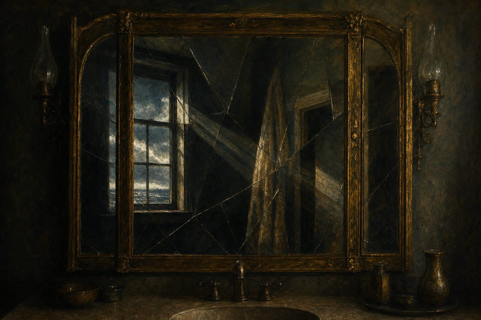 bathroom medicine cabinet mirror reflecting fractured light — Fractions of the Soul by Anthony Adore