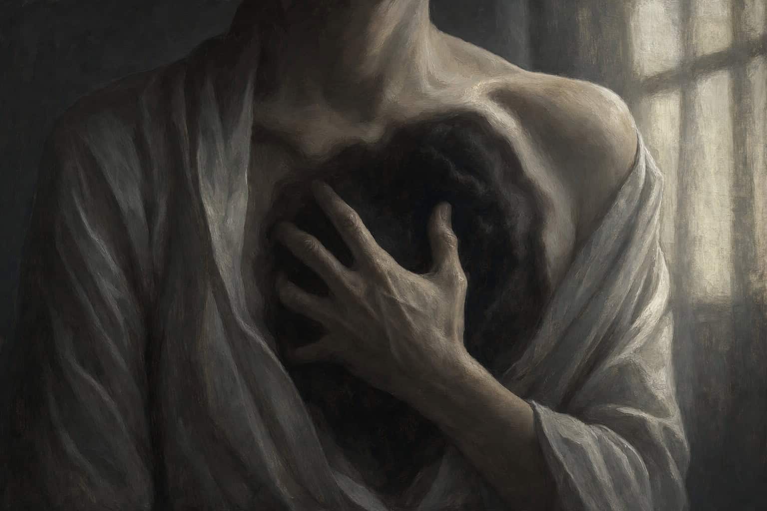 A hand pressed against a chest cavity filled with shadows — Fractions of the Soul by Anthony Adore