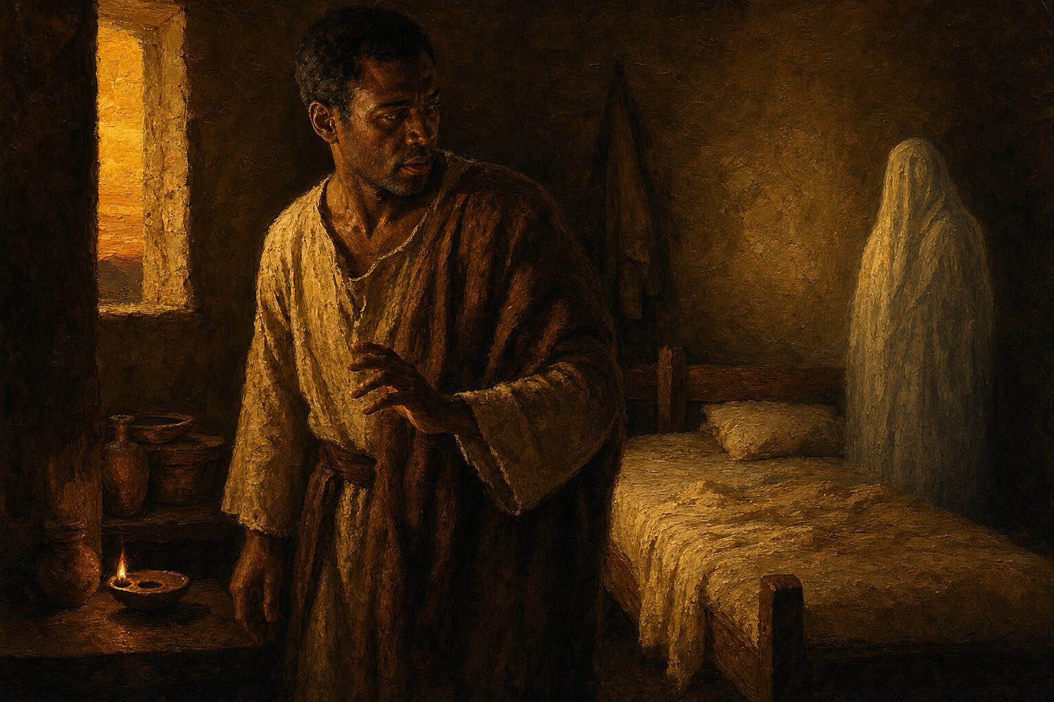 A dim child's a sleeping chamber at dusk, an empty small bed, a faint pale presence hovering at its foot