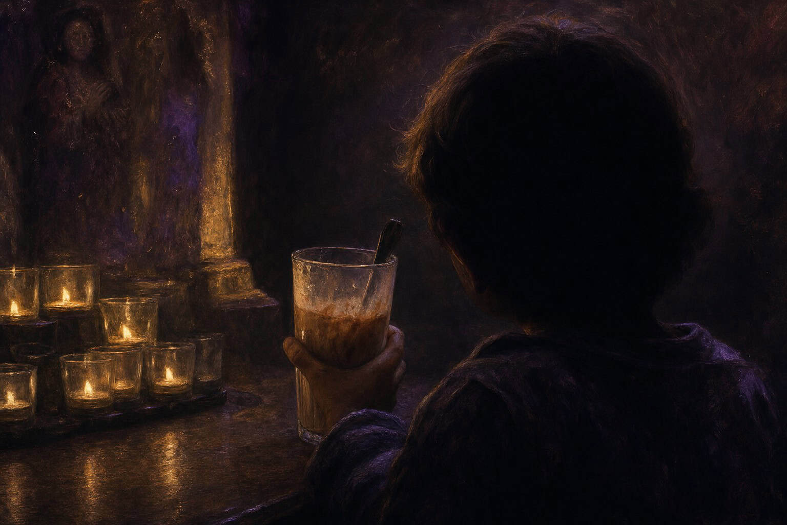 A young boy stands holding a cup, gazing thoughtfully, illuminated by warm candlelight in a dimly lit room.