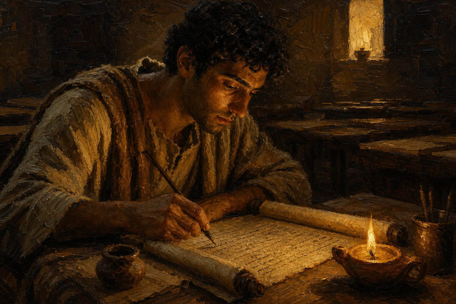A young man alone at a wooden desk at night, pen in hand over dense old scroll