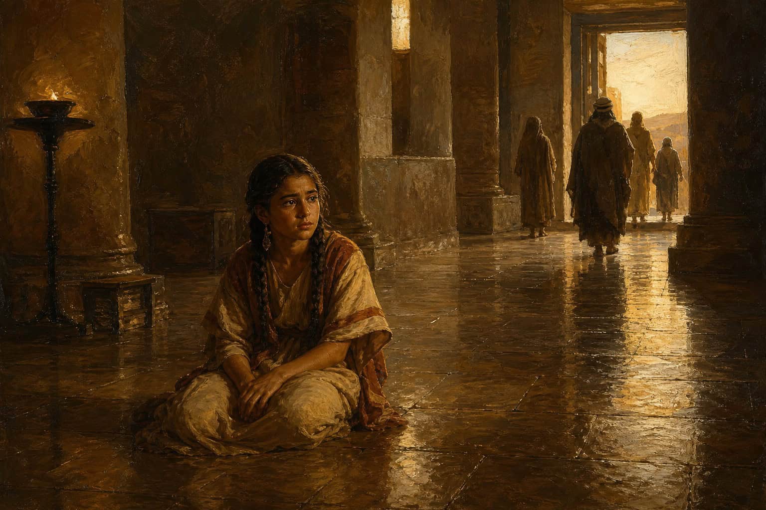 A small child alone on a vast waxed a stone hall floor at dawn, distant figures leaving through a far doorway