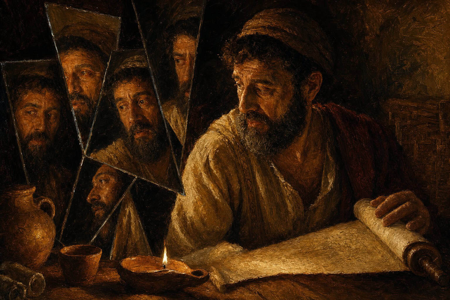 A single face reflected and split across many dark glass surfaces, one lit a scroll in the foreground
