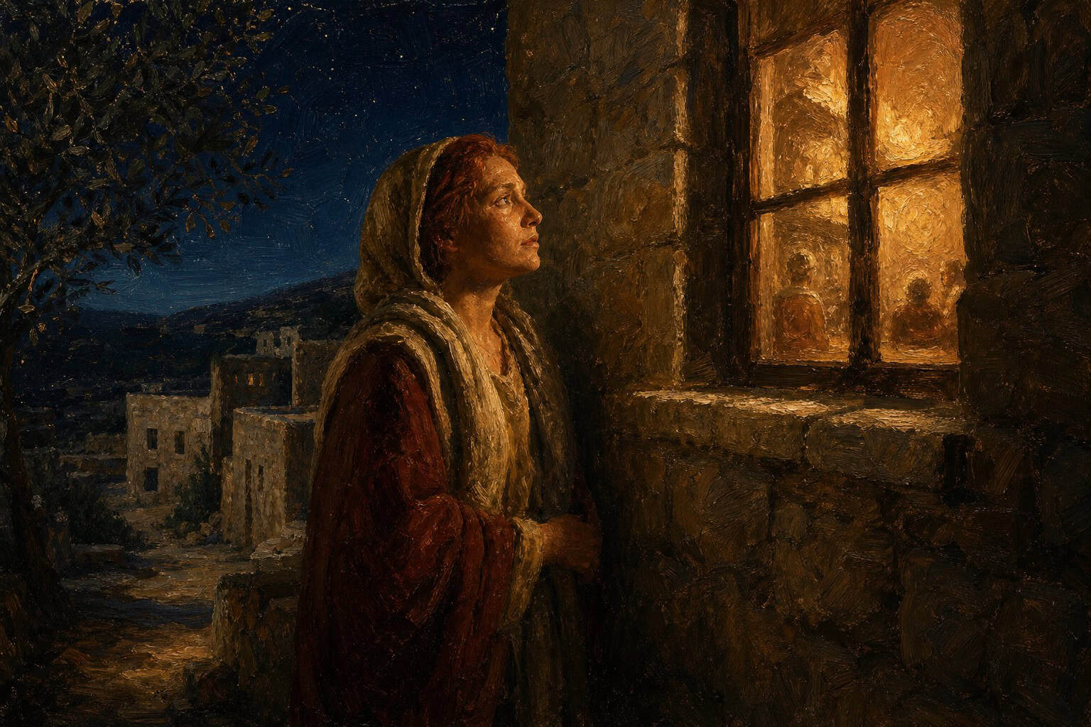 A solitary figure standing in blue night just outside a warm-lit window, breath fogging the dim glass