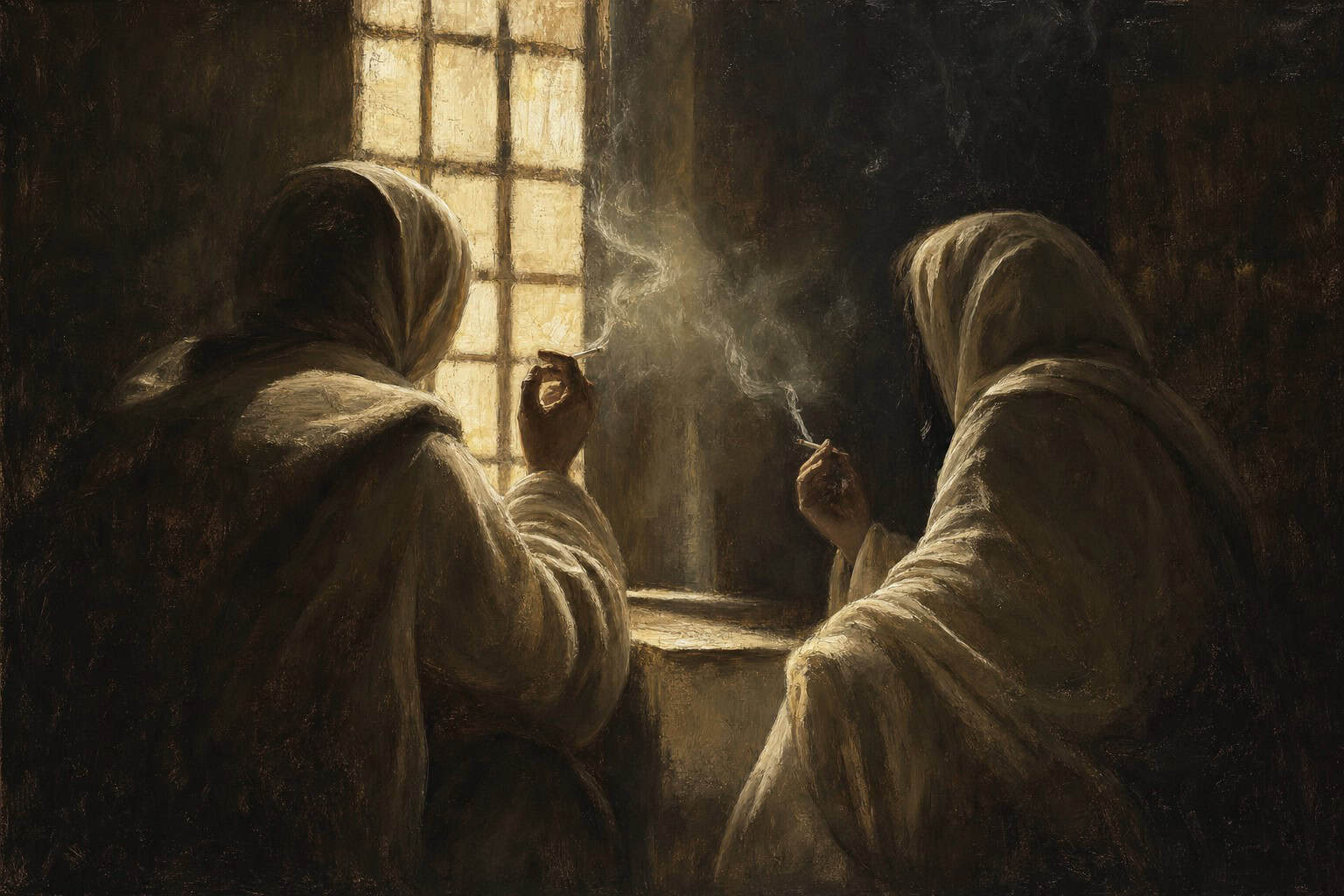 Two elderly men sit in a dimly lit room, engaged in conversation, with scrolls on their laps and a flickering candle nearby.