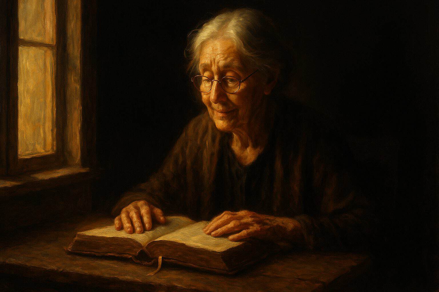 An elderly woman rereading an old book by a window, her face soft with quiet recognition