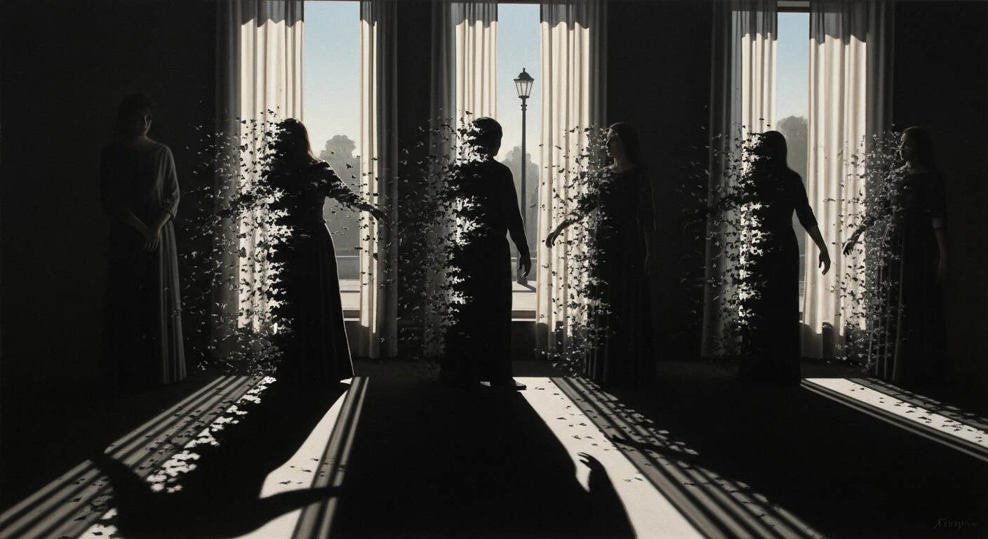 Five women in historical attire stand in a dimly lit room, gazing intently toward a window, with a candle flickering nearby.