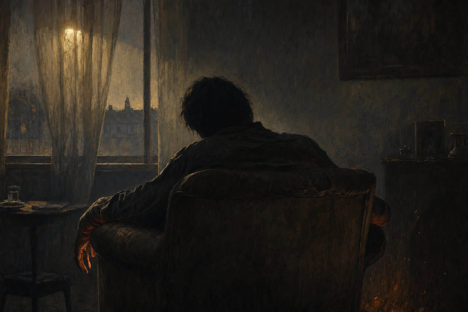 A contemplative man sits by a window, illuminated by a small flame, surrounded by pottery and scrolls in a dimly lit room.