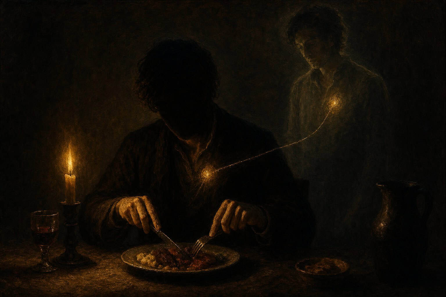 A young man sits at a table, focused on a bowl of food, while another figure stands behind him, holding a string. A candle fl