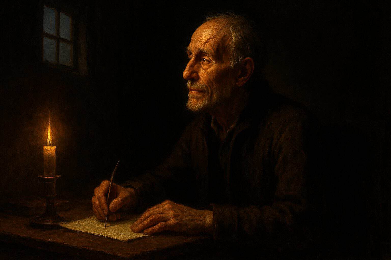 An old man at a candlelit desk pauses writing a confession, scar on his brow, gazing toward a dim window
