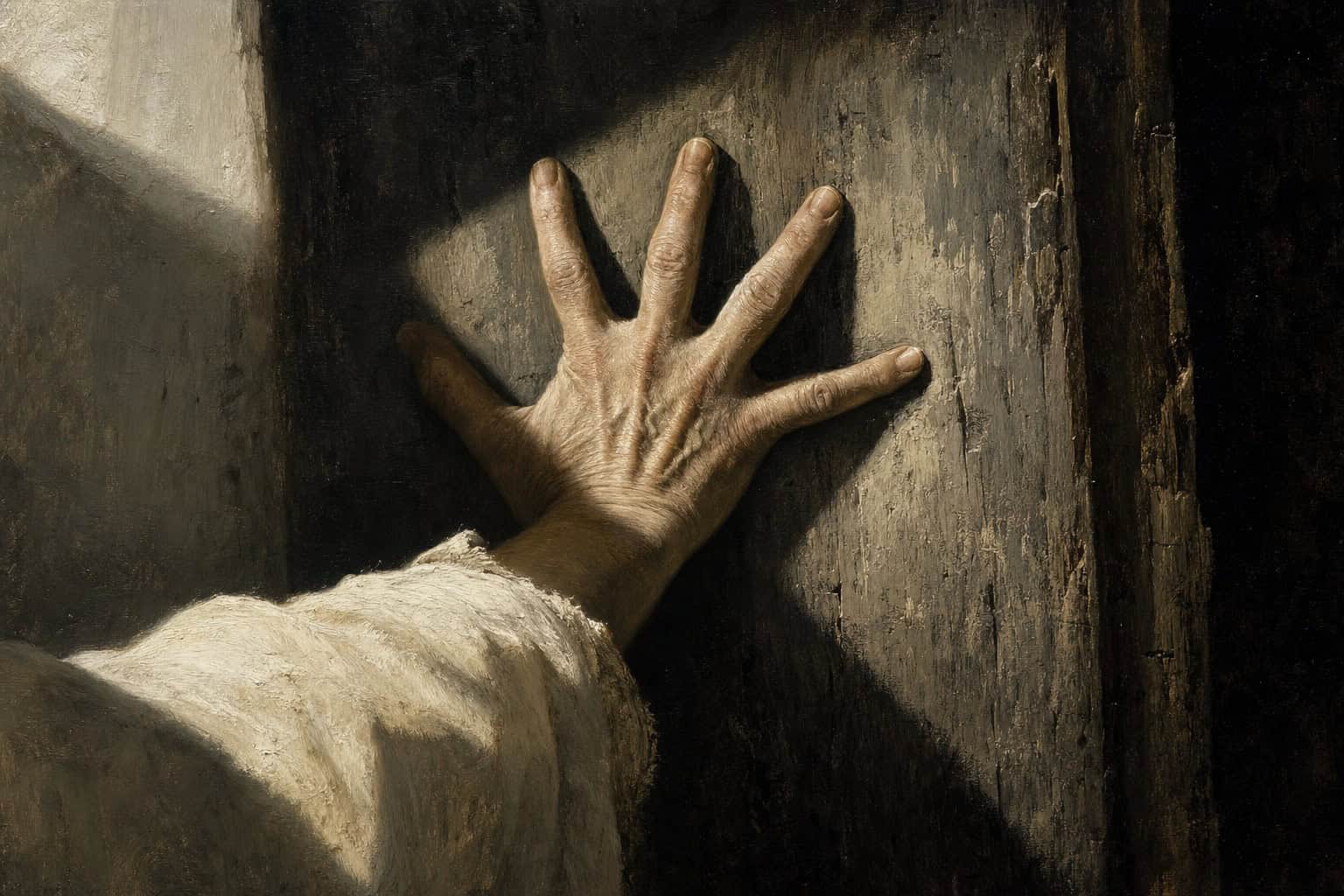 a hand pressed flat against rough wood, fingers spread wide — Confessions to the Empty Chair by Anthony Adore
