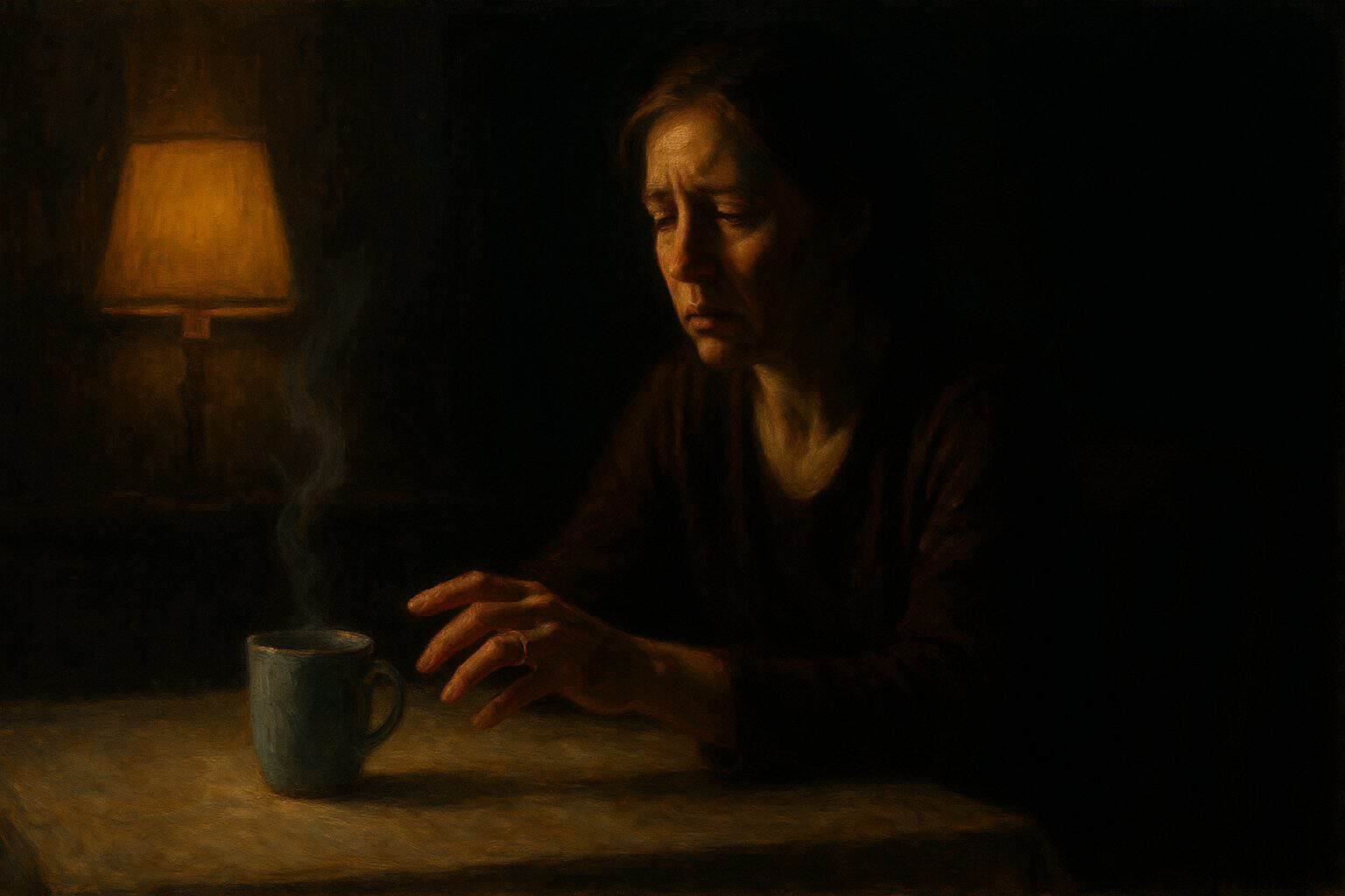 A woman's hand freezes reaching for a blue coffee cup as painful memory invades the quiet morning