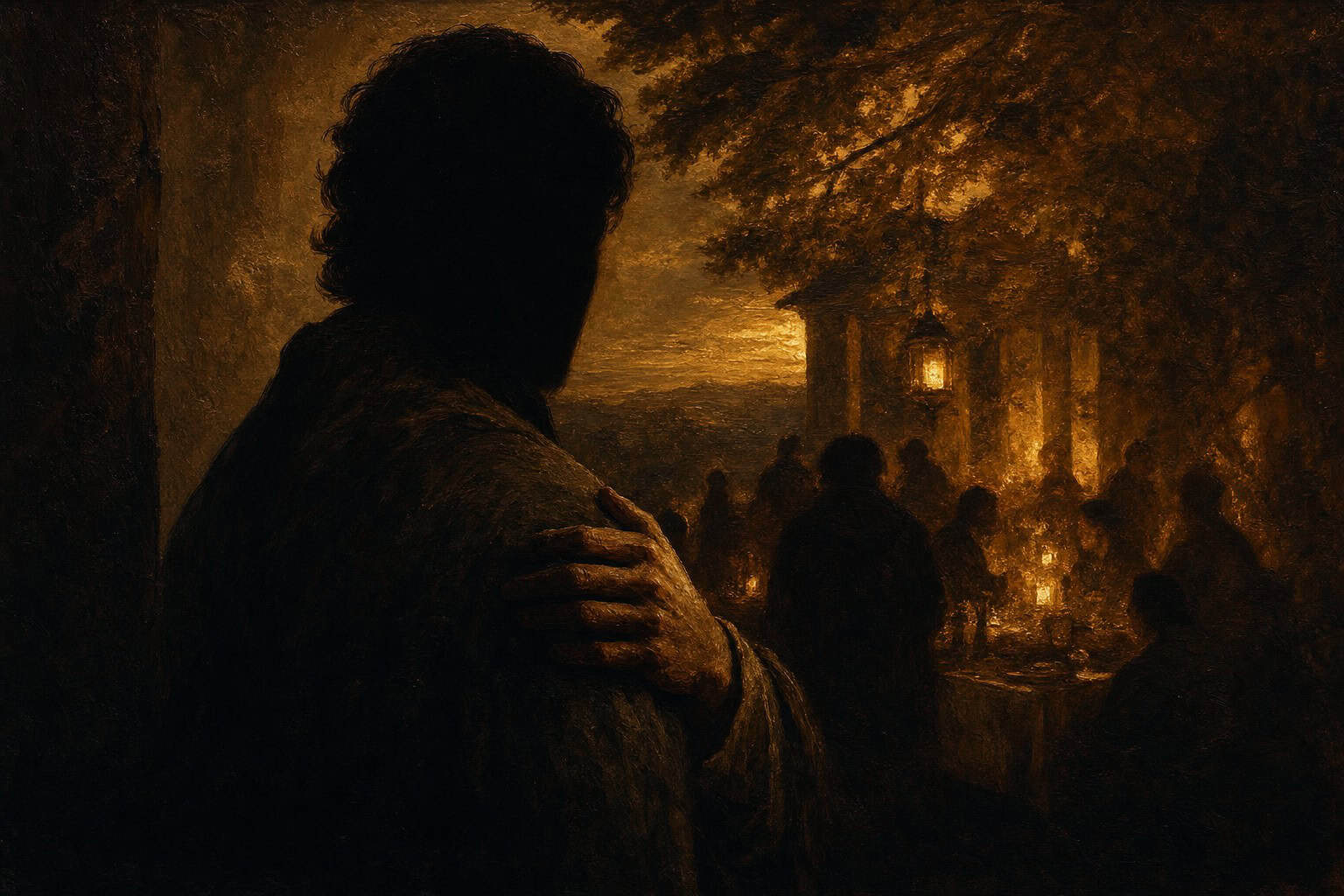 figure at the edge of a lamplit gathering, hand on shoulder — Confessions to the Empty Chair by Anthony Adore