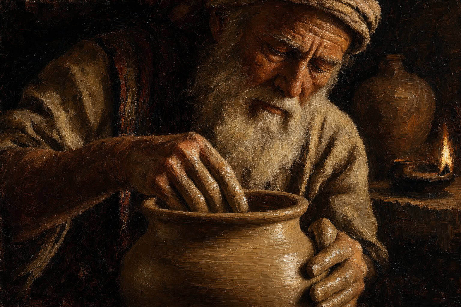 A potter's hands working wet clay on a reins in dim workshop light, one hand shaping, one hand steadying