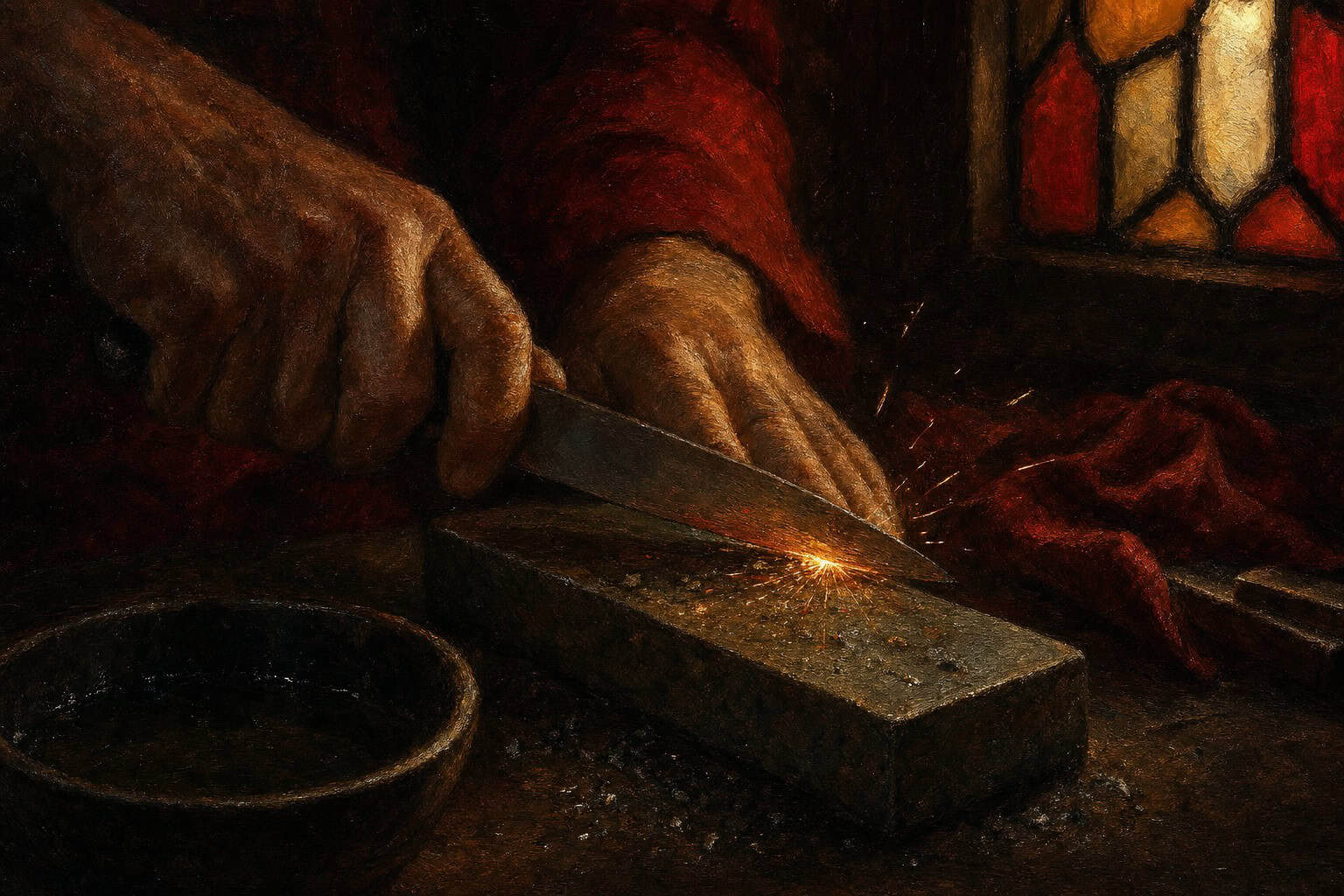 a whetstone pressed against a knife edge, bright sparks flying as metal shavings fall onto a dark workbench — Fractions of the Soul by Anthony Adore