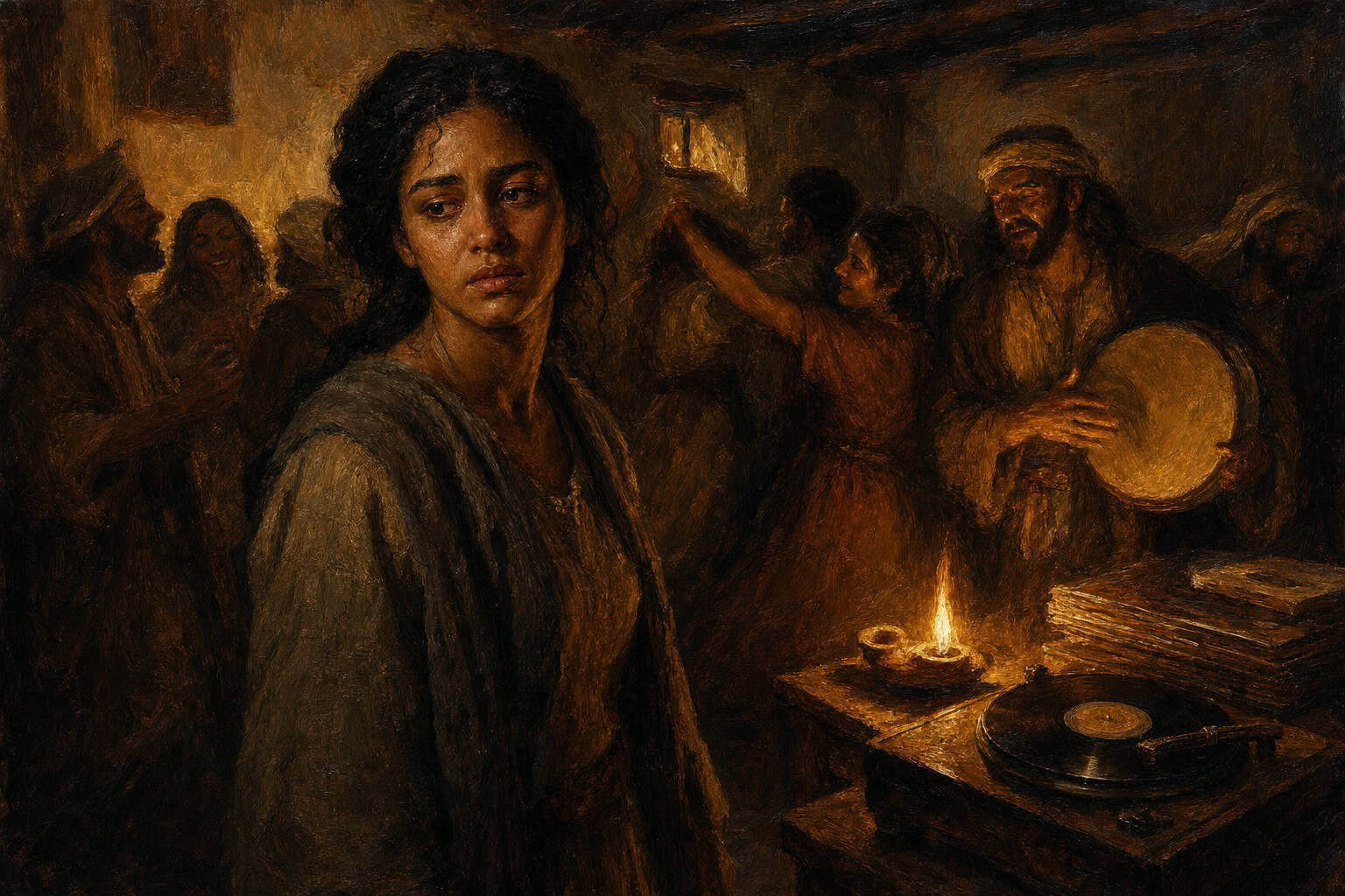 A dim room lit only by the glow of stacked scrolls and a lyre, a young figure standing still amid the blur of dancers