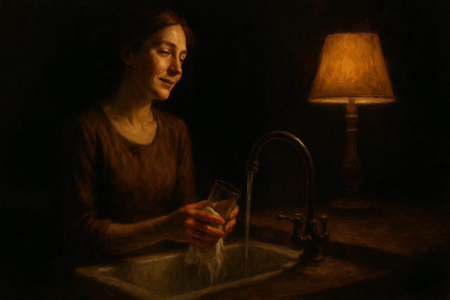 Woman drying a glass at a lamplit night sink, lost in reverie as if hearing absent voices