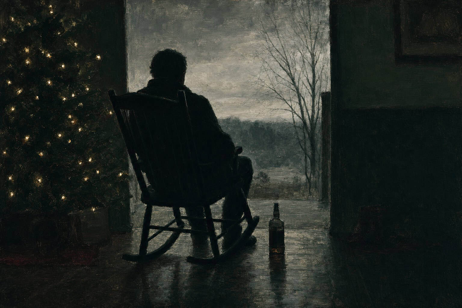 A man in a simple robe sits in a wooden chair by an open door, gazing thoughtfully at a sunset over a distant landscape.